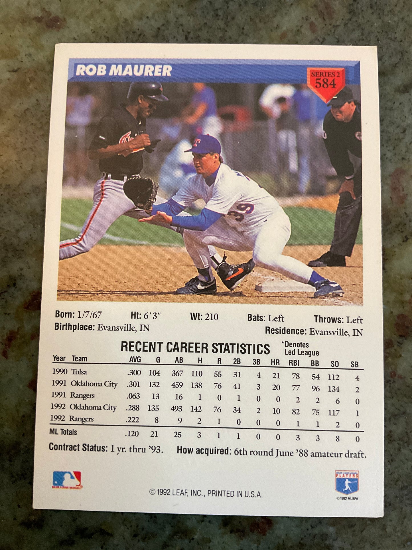 1993 Donruss Rob Maurer Rated Rookie Baseball Card
