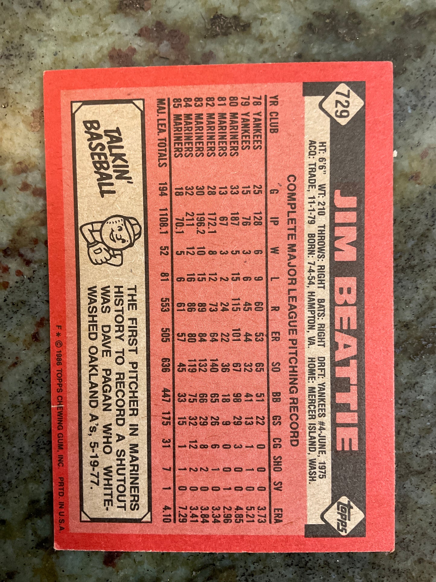 Jim Beattie 1986 Topps Baseball Card
