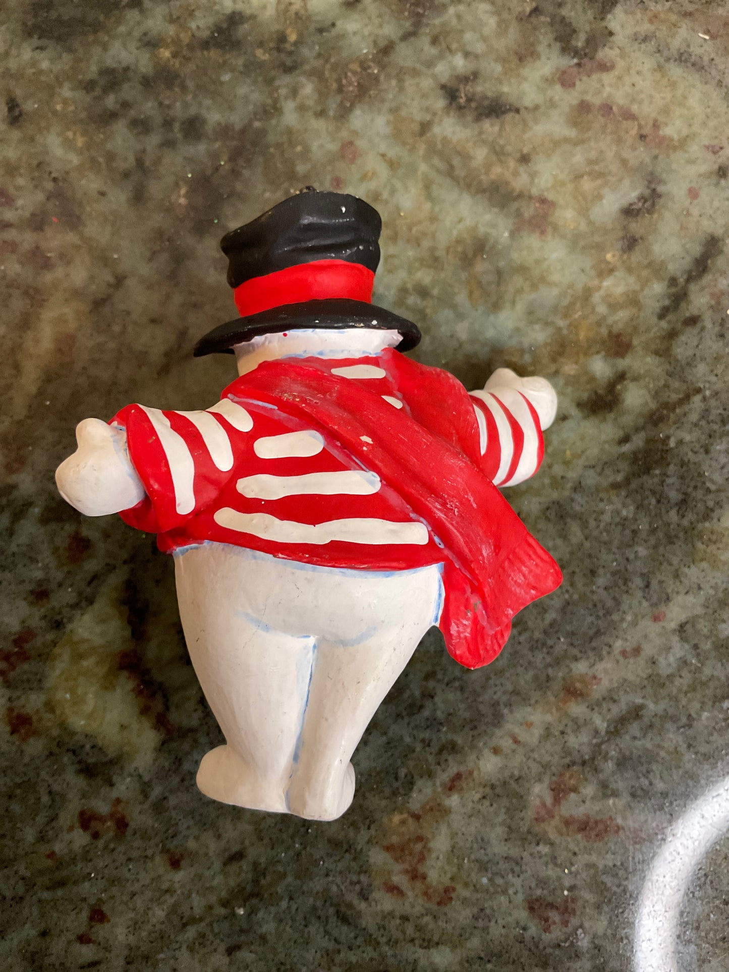 Vintage Snowman ornament with Red and white striped sweater