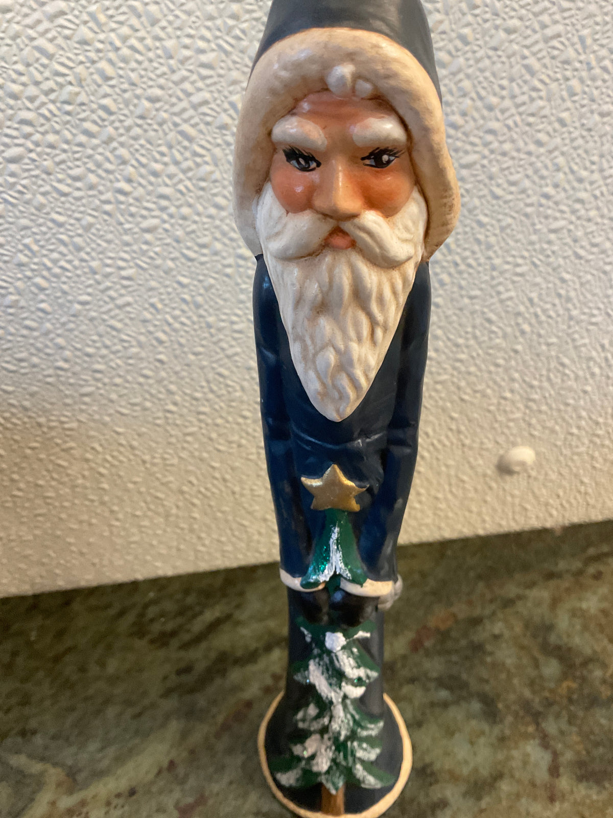 Ceramic Tall Thin Santa In Blue