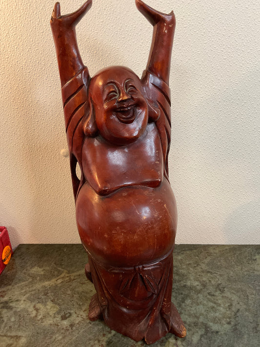 Hand Carved Wood Standing Laughing Buddha