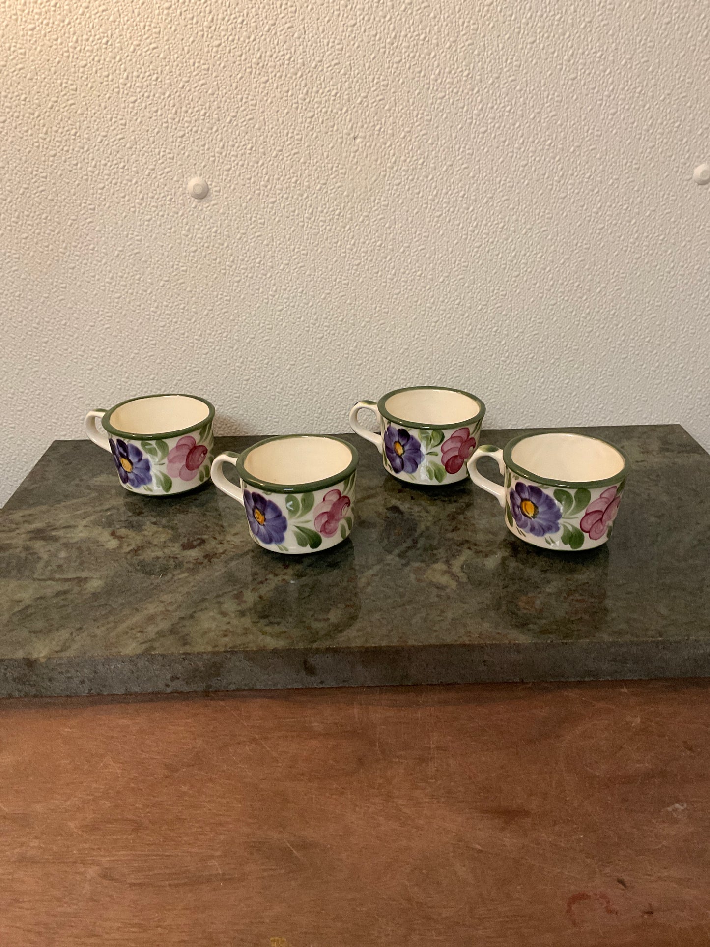 Vintage German Art Pottery Floral Coffee/Tea Cups “Handgemalt” signed by Widerstrom Set of 4